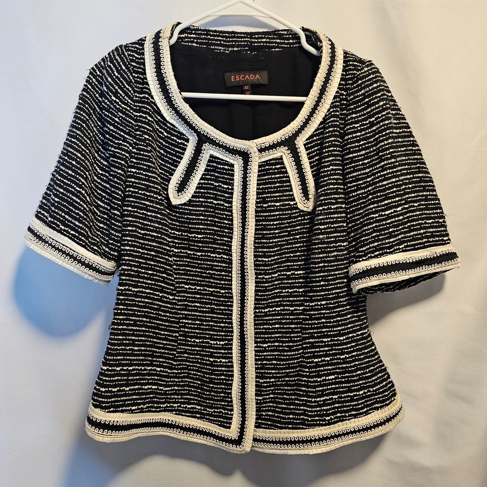 Escada Tweed Jacket Womens 42 Black White Short Sleeve Snap Front Old Money Chic